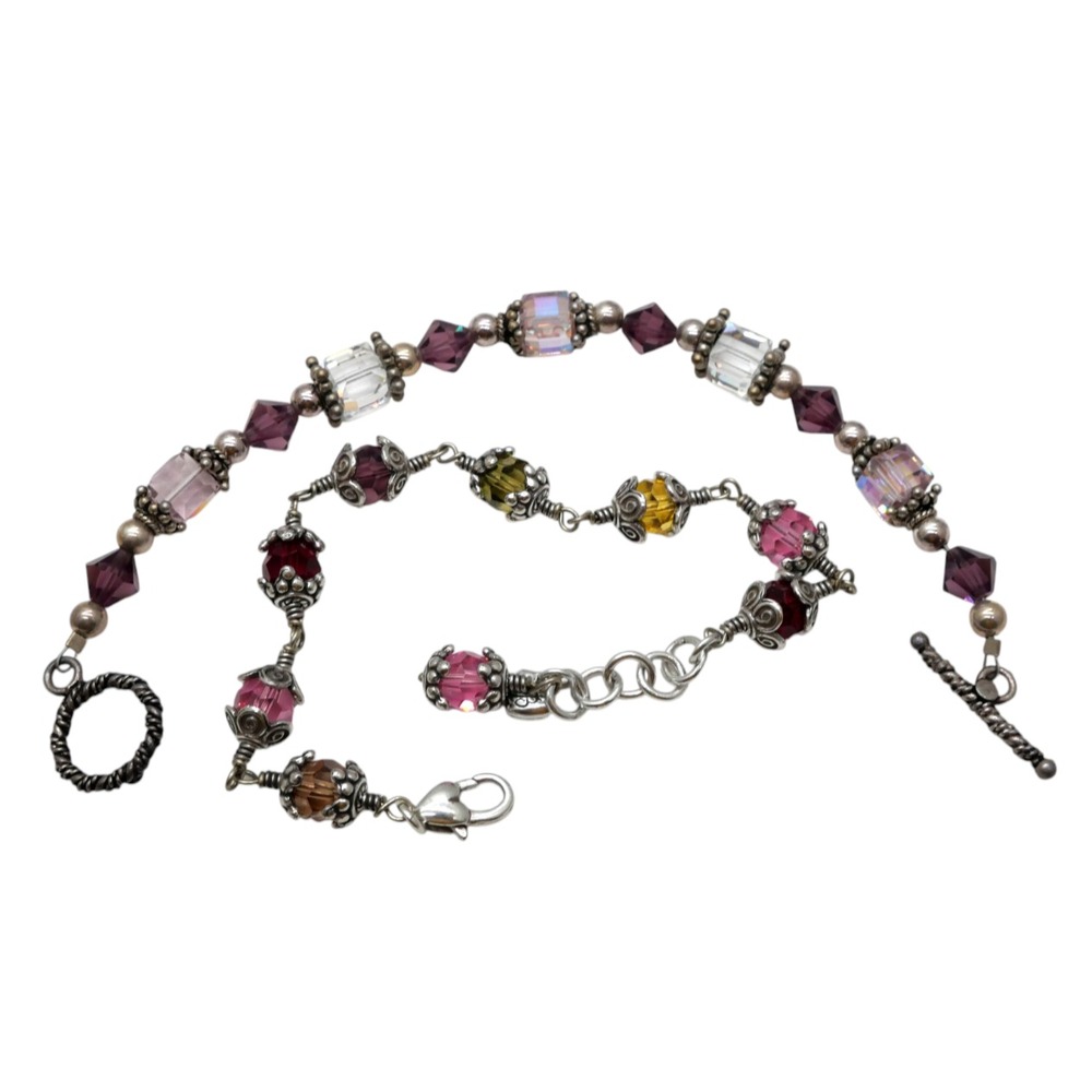Brighton Bracelet Lot 2 Crystal Beaded Silver Tone Pink Purple Multicolor